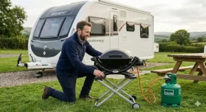 A lightweight gas barbecue being assembled quickly on a campsite picnic bench.