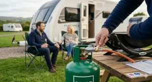 A secure gas hose and regulator attached to a small barbecue for caravan use.