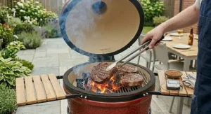 High-heat searing of steaks on the cast-iron grates of a kamado barbecue.