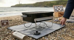A small charcoal grill placed on a protective heat-resistant mat on a pebbled beach, with a BBQ safety sign clearly visible nearby.