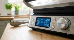 A close-up view of the intelligent digital control panel on a health grill, showing precise blue-backlit temperature, time, and cooking mode settings.