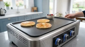 A flat griddle plate attachment being used to cook fluffy breakfast pancakes indoors.