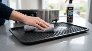 Close-up of the non-stick removable grill plate being wiped clean after use.