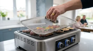 Detailed view of the detachable mesh splatter guard lid on a smokeless indoor BBQ.