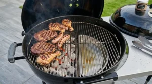 Thick smoke rising from a barrel smoker, highlighting the traditional wood-fired flavour for slow-cooked meats.