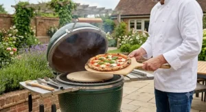 Succulent brisket slow-cooking with wood smoke inside a closed ceramic barbecue, ideal for weekend smoking enthusiasts.