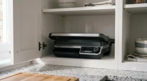 A space-saving display showing the modern electric barbecue unit tucked neatly on a shelf inside a classic white UK kitchen cupboard, demonstrating easy storage for compact flats.