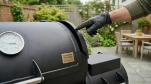 Close-up of the high-grade, thick-gauge steel construction of a barrel smoker, ensuring excellent heat retention for outdoor cooking.