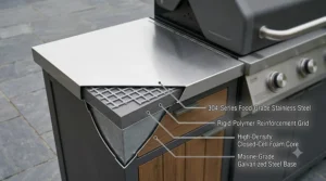 Technical diagram showing the primary gas supply inlet manifold and pressure test port within the cabinet BBQ structure.