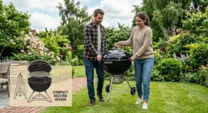 A couple moving a lightweight Weber kettle barbecue, with an inset diagram showing its compact nesting design.