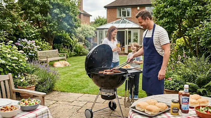 A photorealistic hero image of a family enjoying a barbecue in a lush British garden, with a man grilling sausages on a black Weber style kettle barbecue on a stone patio. weber style kettle barbecue