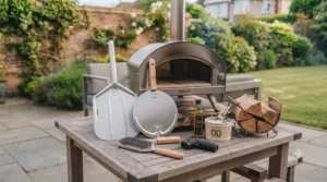 Essential accessories including a aluminium pizza peel and turning peel next to a compact oven.