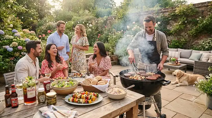 A vibrant summer barbecue party in a British garden with grilled food and drinks on a wooden table. bbq for summer parties