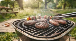 Close-up of durable stainless steel cooking grates on a budget-friendly barbecue under £200.