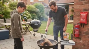 A person safely lighting a barbecue with long-reach matches in a garden setting.