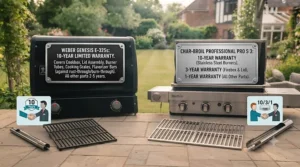 Infographic highlighting warranty and lifespan differences for Weber vs Char-Broil.