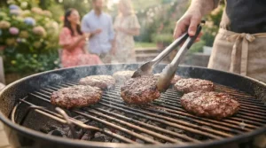 Succulent beef burgers sizzling on a charcoal barbecue grill.