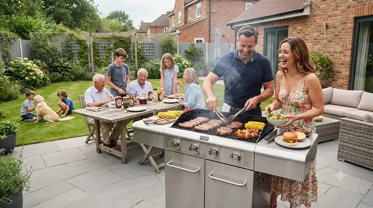 A high-performance 4-burner gas barbecue set up on a UK patio, perfect for hosting a large family gathering with plenty of room for grilling. bbq for large family