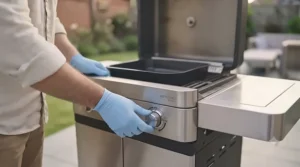 Adjusting the airflow vents on the BBQ lid to manage oxygen levels when cooking with charcoal.