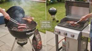 A comparison between a classic charcoal barbecue and a modern gas grill.