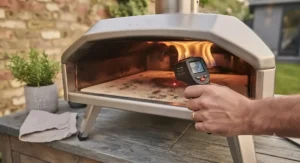 Using an infrared thermometer to check the hot cordierite baking stone inside a gas pizza oven.