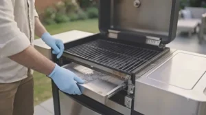 Demonstrating how to slide out the ash collector tray for easy cleaning after a charcoal barbecue.
