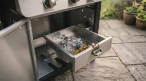 A view of the easy-to-remove ash tray and grease cup on a dual fuel barbecue, showing cleaning tools stored inside the cabinet.