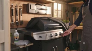 A compact BBQ grill folded down for easy storage in a small garden shed.