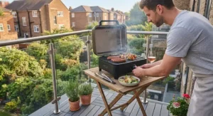 A compact outdoor electric BBQ placed on a small urban balcony table.