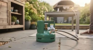 Gas hose and regulator safely connected to a propane cylinder for an outdoor pizza oven.