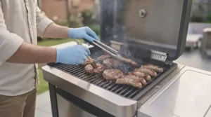 Sizzling burgers on the grill using the charcoal-converted setting for that authentic smoky flavour.