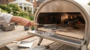 A pizza baking quickly inside a portable wood-fired pizza oven, illuminated by real flames licking across the stone floor.