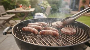 Sausages and burgers cooking over direct heat on a charcoal grill.