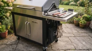 Side shelves with hooks and lower storage cabinets on a high-quality dual fuel barbecue for storing grilling tools and utensils.