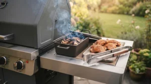 A dual fuel BBQ with an integrated smoker box on the side shelf, highlighting the ability to slow-cook meats for deep flavour.