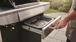 A slide-out grease tray designed for quick and hygienic disposal of cooking fats.