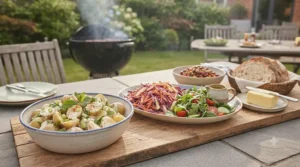A table spread featuring fresh potato salad, green salad, and crusty bread for a barbecue.