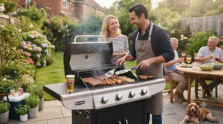 A modern, easy-clean BBQ grill set up on a garden patio ready for summer cooking. easy clean bbq grill