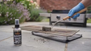 A person wearing a protective glove using a wire brush to clean a gas BBQ grate, with a bottle of stainless steel cleaner nearby.