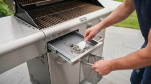 A close-up of the lower section of the barbecue, showing a hand easily sliding out a removable grease and ash tray, which contains a small amount of residue, demonstrating the quick and easy cleaning process.