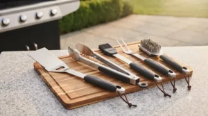 A set of ergonomic barbecue utensils arranged neatly on a clean side table.