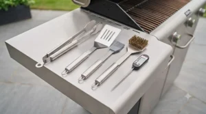 A set of premium, long-handled stainless steel barbecue tools (tongs, spatula, basting brush, wire brush, and meat thermometer) laid out neatly on the stainless steel side shelf, ready for a family cooking session.