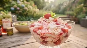 A classic British Eton mess dessert served in a glass for a summer party.