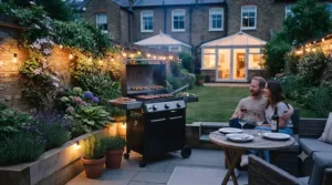 A warm, inviting small garden setup with string lights and a compact BBQ for evening entertaining.