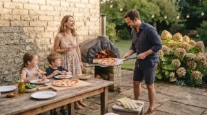 Family enjoying outdoor dining and homemade pizza cooked in a garden wood-fired oven during a summer evening.