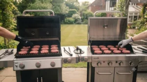 Comparing the cooking area capacity of Weber vs Char-Broil four-burner models.