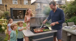 Family cooking outdoors with a weatherproof electric barbecue in rain.