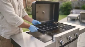 Inserting the dedicated charcoal tray into the base of the hybrid barbecue unit.