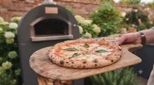 Freshly baked Neapolitan-style pizza with melted mozzarella and fresh basil straight from a built-in wood-fired pizza oven.