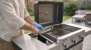 Close-up of removing the gas burners from the barbecue to prepare the base for charcoal conversion.